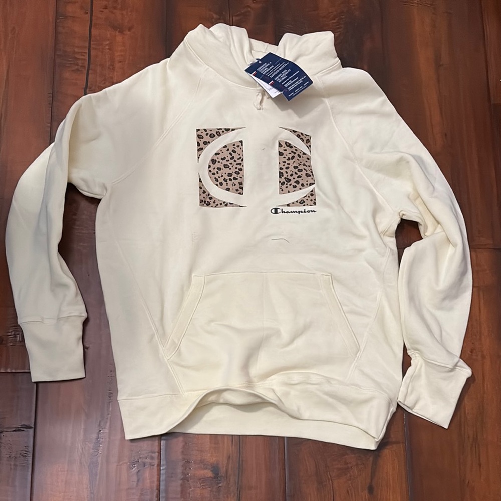 Champion Cream Leopard Logo Hoodie